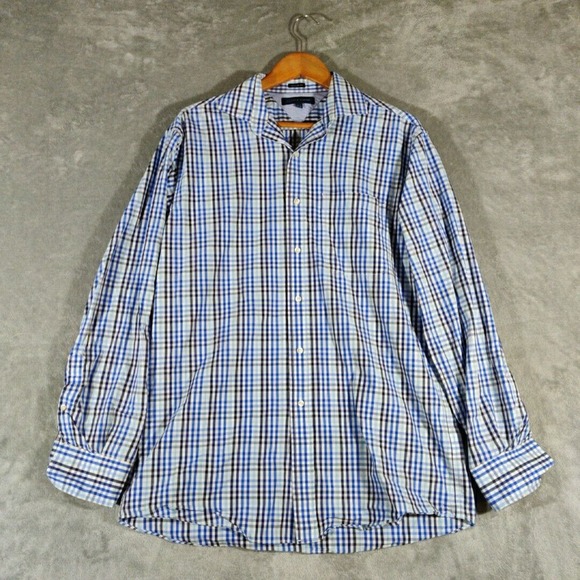 Tommy Hilfiger Shirt Mens 15.5 34-35 Blue Tartan Plaid Button Up Long Sleeve